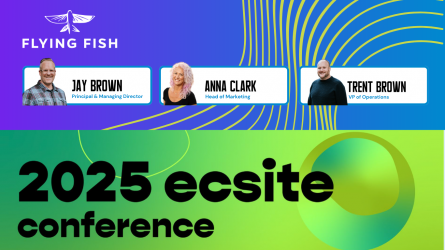 a promotional image from Flying Fish Exhibits portraying Anna, Jay, and Trent attending the Ecsite 2025 Conference